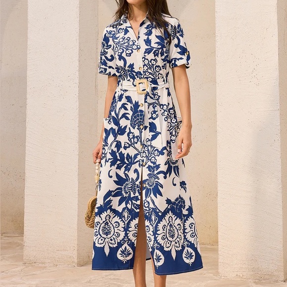 Zara Dresses & Skirts - ZARA WOMAN FLORAL PRINT MIDI DRESS BELTED BLUE WHITE 3401/243